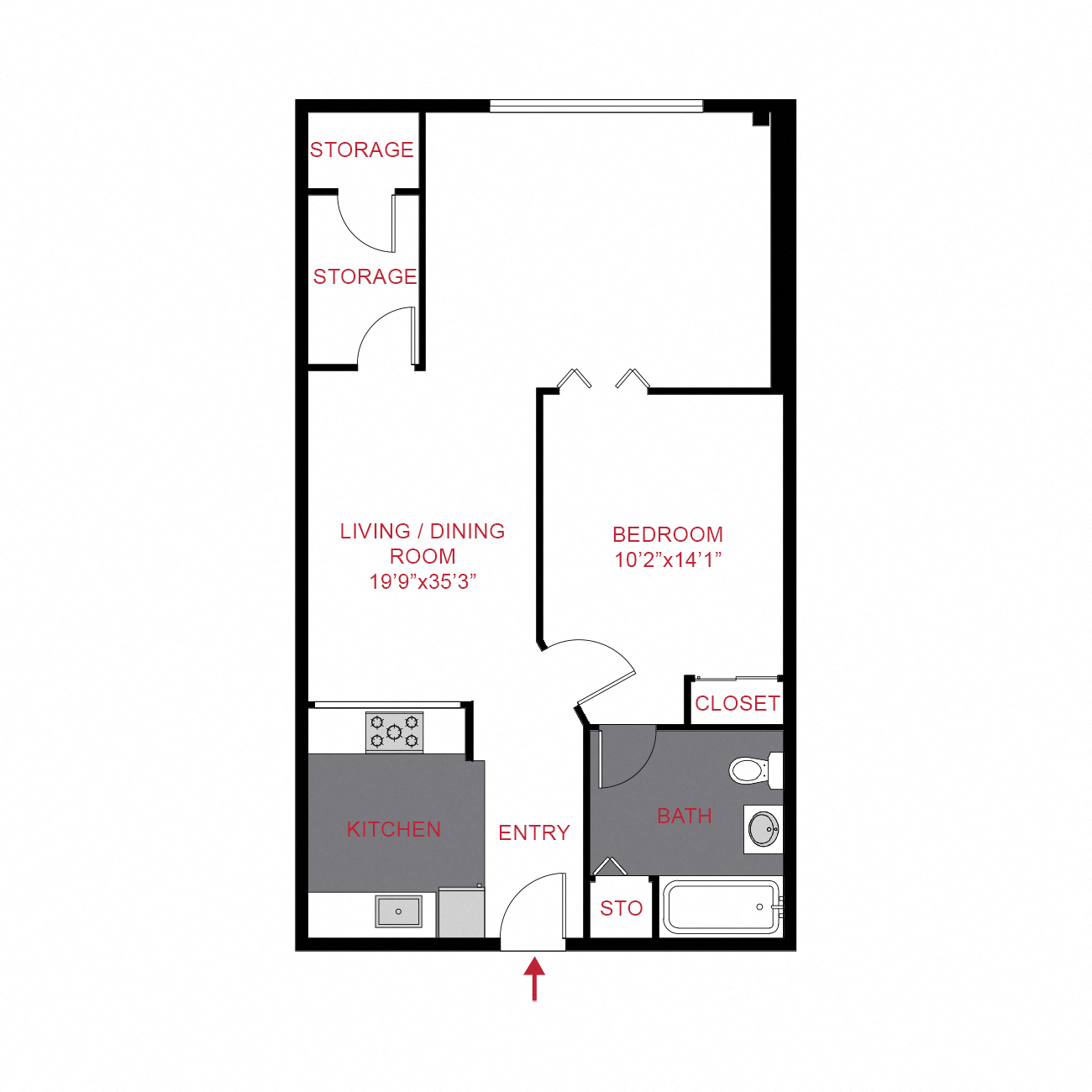 Floor plan for 1 bed, 1 bath, 790 sqft
